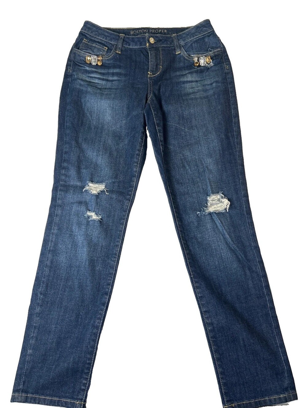 Boston Proper Jeans Women’s Size 8 Embellished Rhinestone Distressed Dark Wash